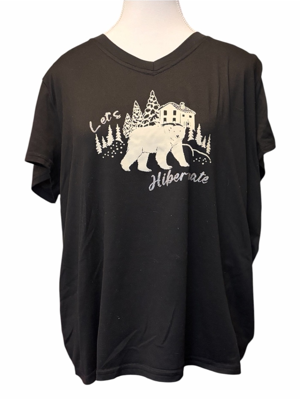 Charisma Black V-Neck Tee with White Bear 'Let's Hibernate' Graphic